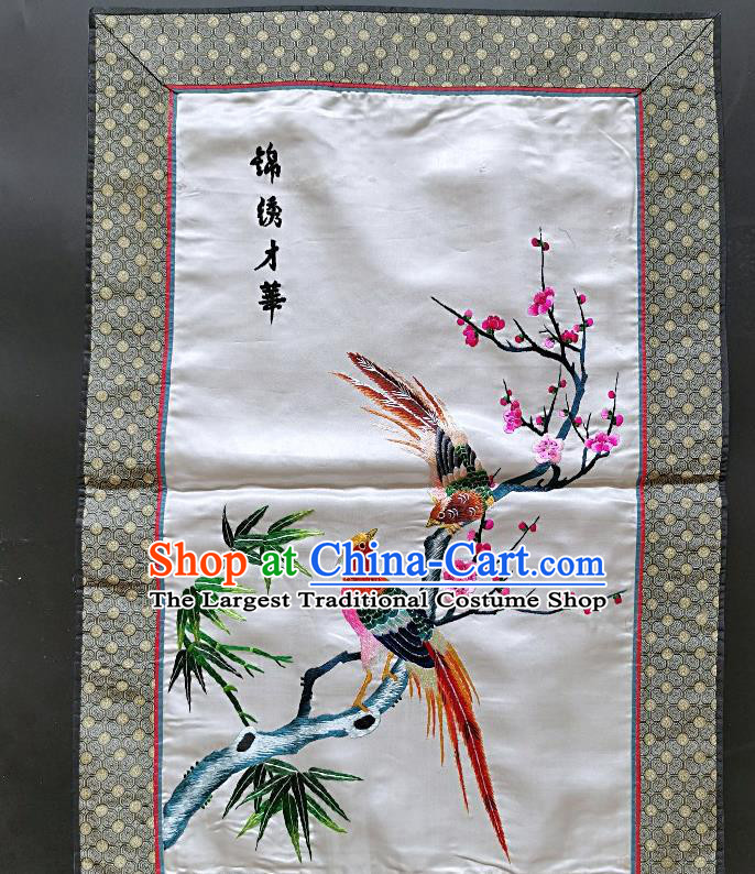 Chinese National Embroidered Paintings Traditional Handmade Embroidery Plum Birds Craft Decorative White Silk Wall Picture