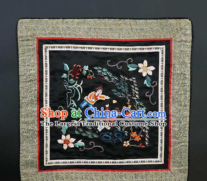 Chinese National Embroidered Black Paintings Traditional Handmade Embroidery Boys Craft Decorative White Silk Wall Picture