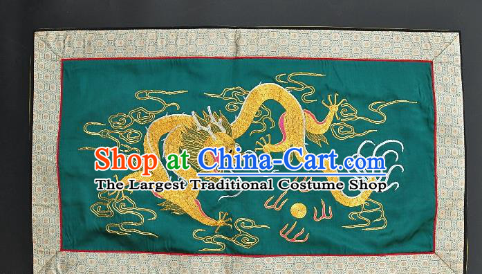 Chinese National Embroidered Golden Dragon Wall Paintings Traditional Handmade Embroidery Craft Decorative Green Silk Picture