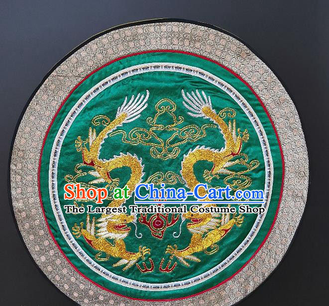 Traditional Chinese Embroidered Double Dragons Green Fabric Hand Embroidering Dress Round Applique Embroidery Cushion Patches Accessories