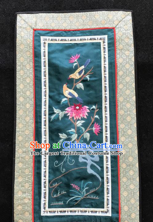 Chinese National Embroidered Chrysanthemum Bird Paintings Traditional Handmade Embroidery Decorative Dark Green Silk Picture Craft