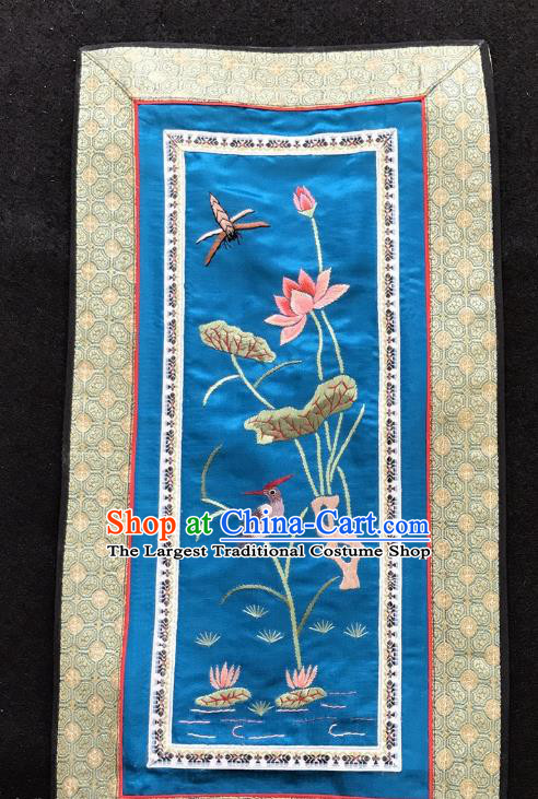 Chinese National Embroidered Lotus Paintings Traditional Handmade Embroidery Decorative Royalblue Silk Picture Craft