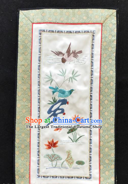 Chinese National Embroidered Bamboo Lotus Paintings Traditional Handmade Embroidery Decorative White Silk Picture Craft