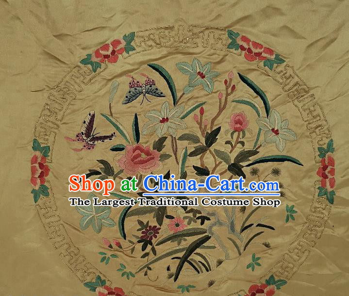 Traditional Chinese Embroidered Orchids Yellow Silk Patches Handmade Embroidery Craft Accessories Embroidering Dress Fabric Round Applique