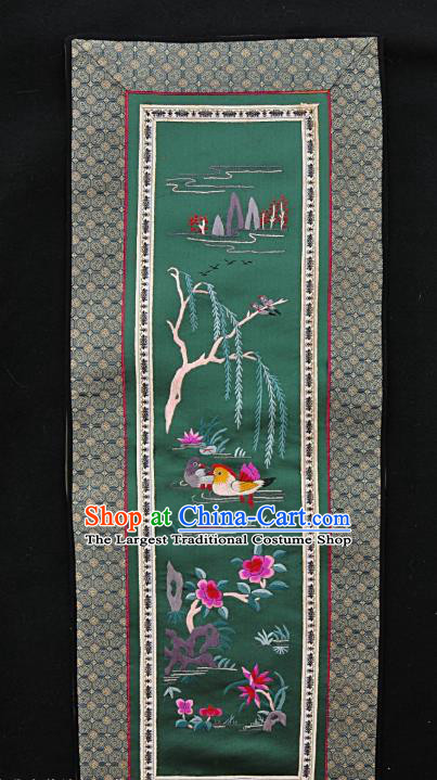 Chinese National Embroidered Mandarin Duck Green Silk Painting Traditional Handmade Embroidery Craft Embroidering Decorative Wall Picture