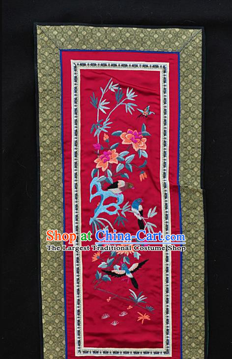 Chinese National Embroidered Flower Bird Wine Red Silk Painting Traditional Handmade Embroidery Craft Embroidering Decorative Wall Picture