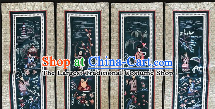 Chinese National Embroidered Eight Immortals Green Silk Painting Traditional Handmade Embroidery Craft Folding Screen Decorative Picture