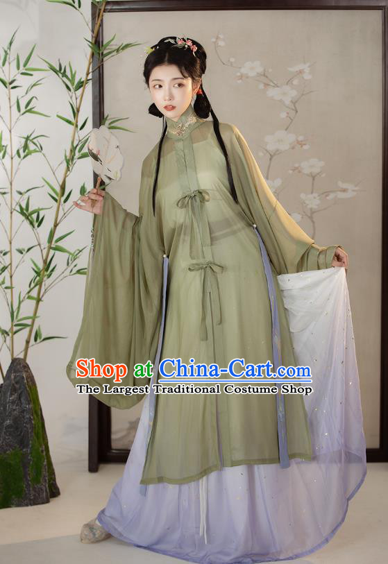 Traditional Chinese Ming Dynasty Court Female Costumes Ancient Princess Hanfu Garment Embroidered Green Blouse and Lilac Skirt Complete Set