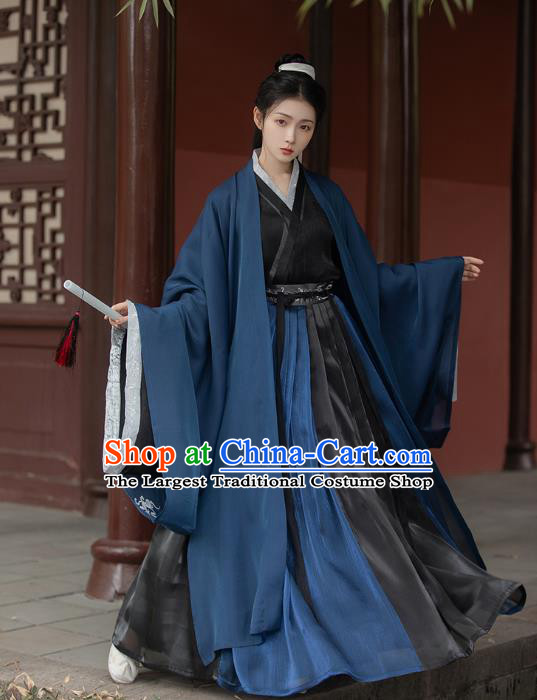 Chinese Jin Dynasty Scholar Childe Costumes Traditional Ancient Swordsman Hanfu Garment Navy Cloak Shirt and Skirt for Men