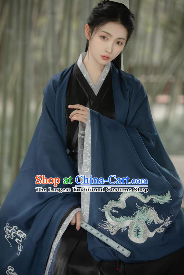 Chinese Jin Dynasty Scholar Childe Costumes Traditional Ancient Swordsman Hanfu Garment Navy Cloak Shirt and Skirt for Men