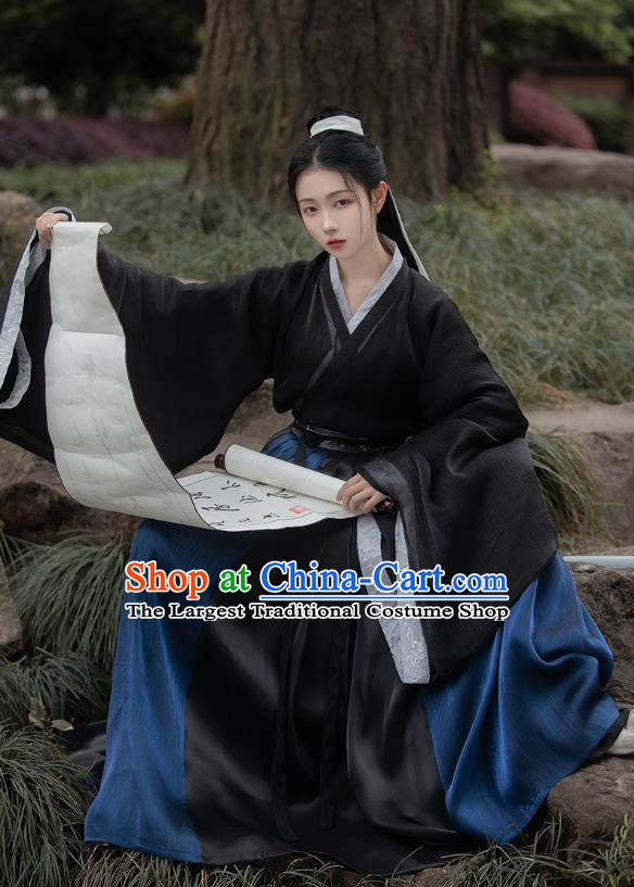 Chinese Jin Dynasty Scholar Childe Costumes Traditional Ancient Swordsman Hanfu Garment Navy Cloak Shirt and Skirt for Men