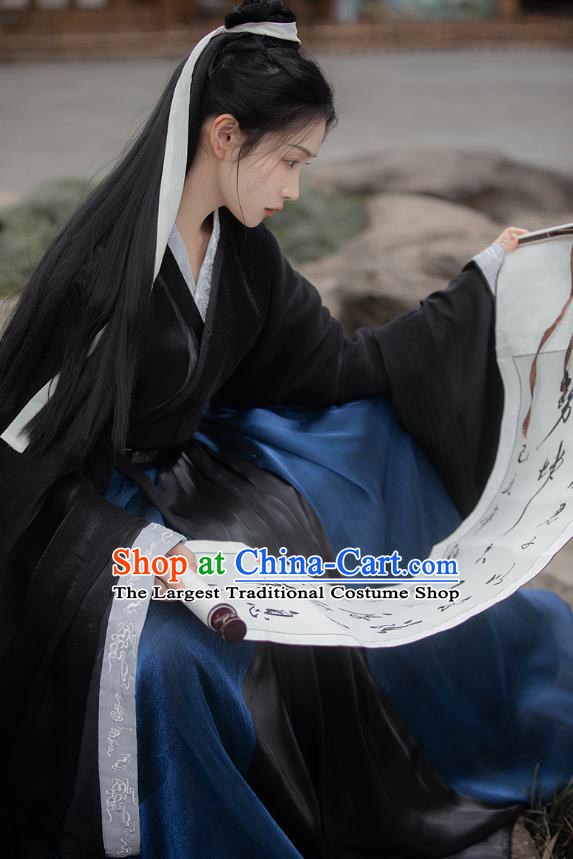 Chinese Jin Dynasty Scholar Childe Costumes Traditional Ancient Swordsman Hanfu Garment Navy Cloak Shirt and Skirt for Men