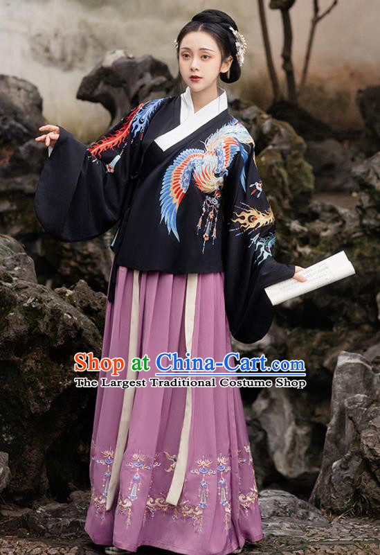 Chinese Ming Dynasty Empress Costumes Traditional Ancient Royal Queen Garment Hanfu Embroidered Black Cloak Blouse and Skirt Complete Set