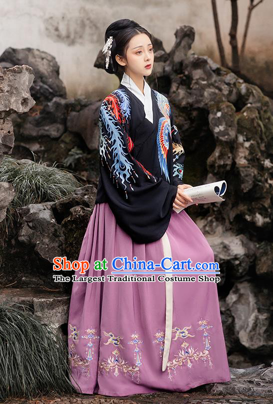 Chinese Ming Dynasty Empress Costumes Traditional Ancient Royal Queen Garment Hanfu Embroidered Black Cloak Blouse and Skirt Complete Set