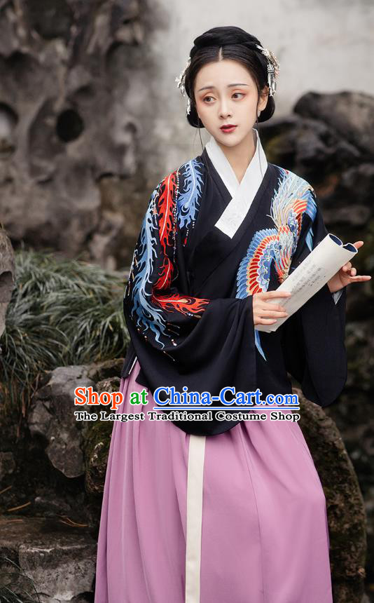 Chinese Ming Dynasty Empress Costumes Traditional Ancient Royal Queen Garment Hanfu Embroidered Black Cloak Blouse and Skirt Complete Set