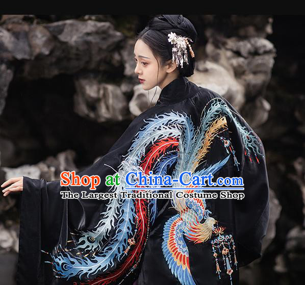 Chinese Ming Dynasty Empress Costumes Traditional Ancient Royal Queen Garment Hanfu Embroidered Black Cloak Blouse and Skirt Complete Set