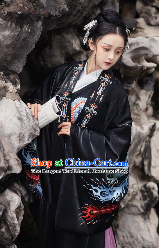 Chinese Ming Dynasty Empress Costumes Traditional Ancient Royal Queen Garment Hanfu Embroidered Black Cloak Blouse and Skirt Complete Set
