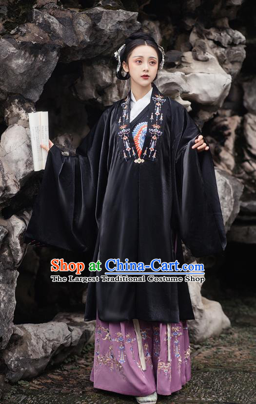 Chinese Ming Dynasty Empress Costumes Traditional Ancient Royal Queen Garment Hanfu Embroidered Black Cloak Blouse and Skirt Complete Set