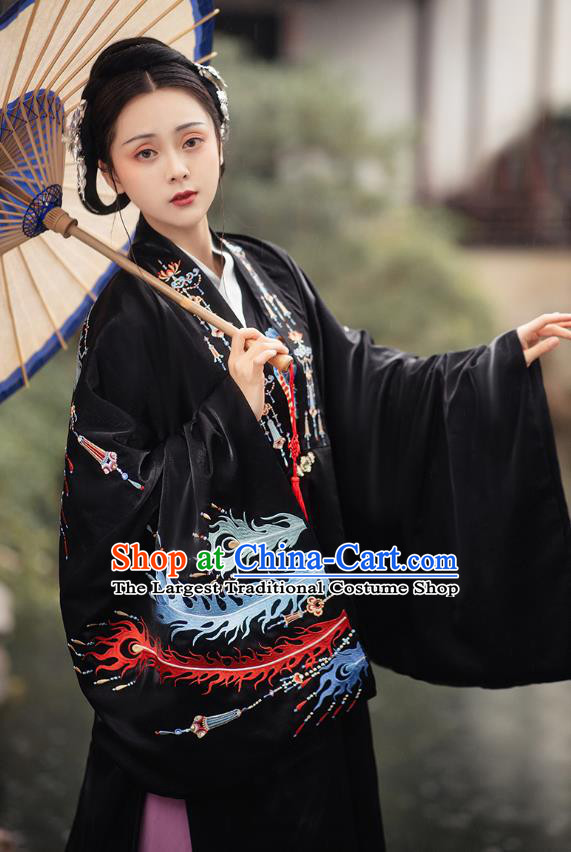 Chinese Ming Dynasty Empress Costumes Traditional Ancient Royal Queen Garment Hanfu Embroidered Black Cloak Blouse and Skirt Complete Set