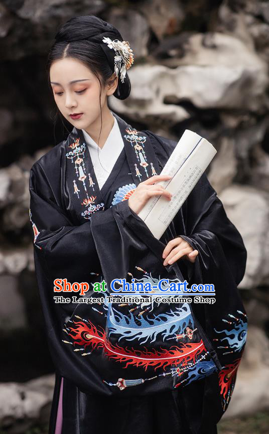 Chinese Ming Dynasty Empress Costumes Traditional Ancient Royal Queen Garment Hanfu Embroidered Black Cloak Blouse and Skirt Complete Set