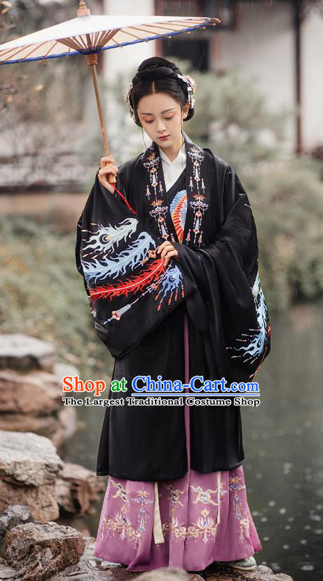 Chinese Ming Dynasty Empress Costumes Traditional Ancient Royal Queen Garment Hanfu Embroidered Black Cloak Blouse and Skirt Complete Set