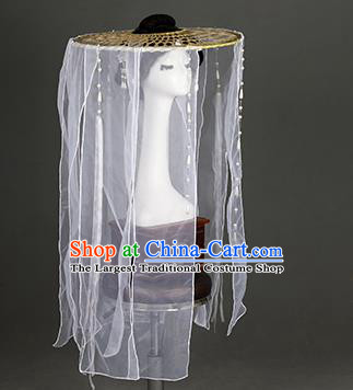 Chinese Traditional Ancient Swordswoman Headwear Handmade Princess Hanfu White Chiffon Veil Bamboo Hat