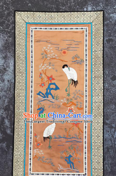Chinese National Embroidered Pine Cranes Orange Silk Paintings Traditional Handmade Embroidery Decorative Picture Craft