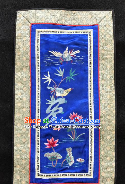 Chinese National Embroidered Birds Lotus Royalblue Silk Paintings Traditional Handmade Embroidery Decorative Picture Craft