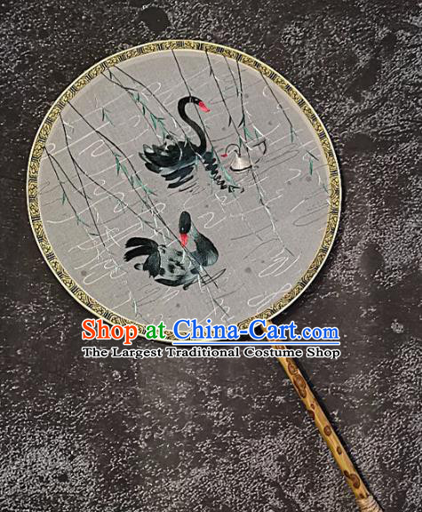 Chinese Traditional Embroidery Swan Palace Fans Handmade Mottled Bamboo Round Fan Embroidered Silk Craft