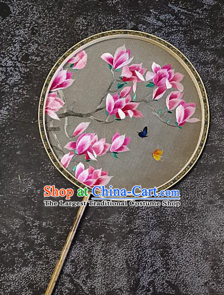 Chinese Traditional Embroidery Mangnolia Butterfly Palace Fans Handmade Mottled Bamboo Round Fan Embroidered Silk Fan Craft