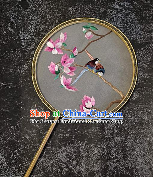 Chinese Traditional Embroidery Mangnolia Birds Palace Fans Handmade Mottled Bamboo Round Fan Embroidered Silk Fan Craft