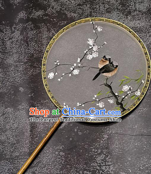 Chinese Traditional Embroidery Grackles Palace Fans Handmade Mottled Bamboo Round Fan Embroidered Plum Silk Fan Craft
