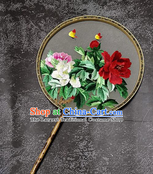 Chinese Traditional Embroidery Peony Palace Fans Handmade Mottled Bamboo Round Fan Embroidered Butterfly Silk Fan Craft