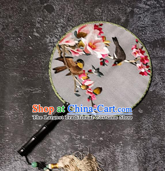 Chinese Traditional Embroidery Yulan Magnolia Palace Fans Handmade Round Fan Embroidered Birds Silk Fan Craft