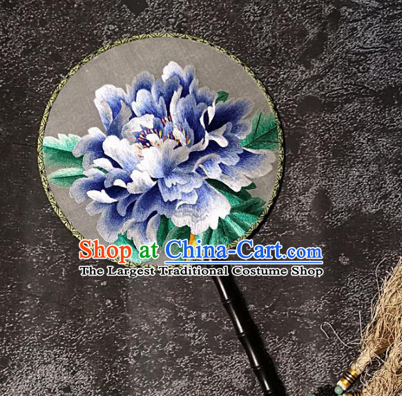 Chinese Traditional Embroidery Blue Peony Palace Fans Handmade Round Fan Embroidered Silk Fan Craft