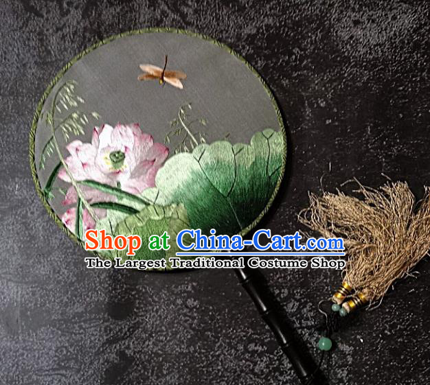 Chinese Traditional Palace Fans Handmade Embroidery Round Fan Embroidered Dragonfly Lotus Silk Fan Craft