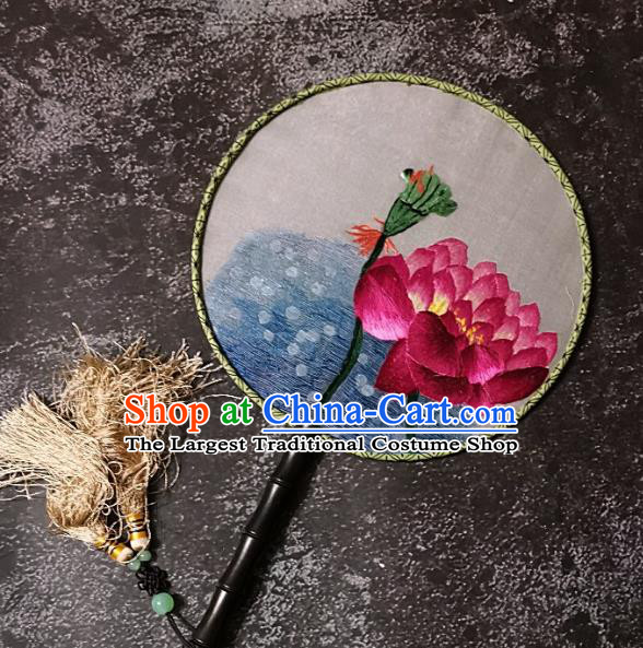 Chinese Traditional Embroidered Palace Fans Handmade Embroidery Lotus Round Fan Silk Fan Craft