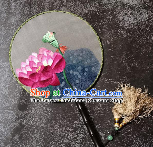 Chinese Traditional Embroidered Palace Fans Handmade Embroidery Lotus Round Fan Silk Fan Craft