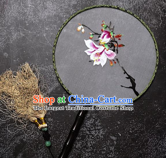Chinese Traditional Embroidered Palace Fans Handmade Embroidery Yulan Magnolia Round Fan Silk Fan Craft