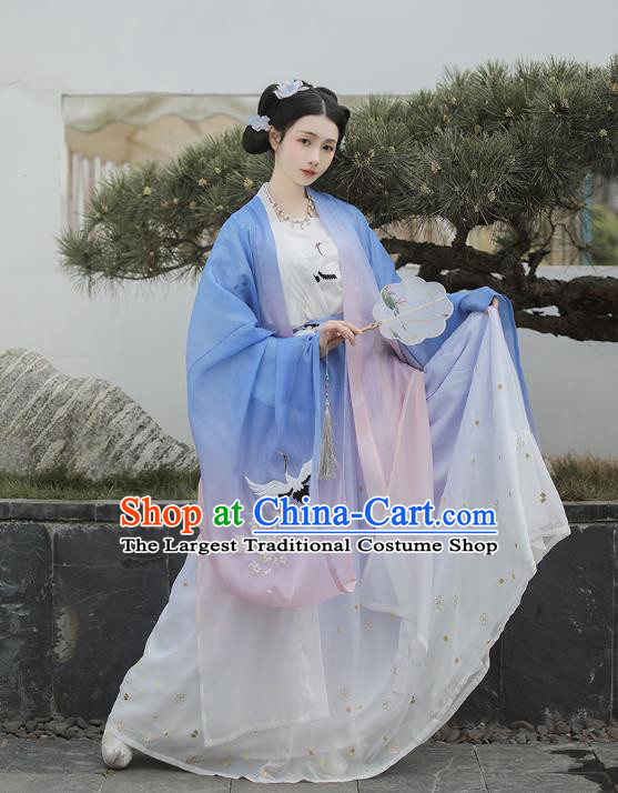 Chinese Tang Dynasty Palace Lady Costumes Traditional Ancient Imperial Consort Garment Hanfu Embroidered Blue Cape Blouse and Skirt Full Set