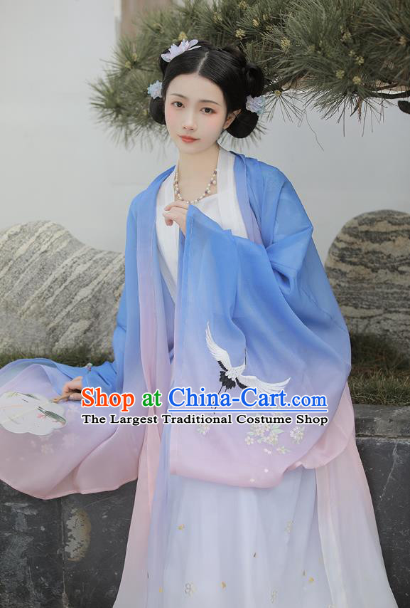 Chinese Tang Dynasty Palace Lady Costumes Traditional Ancient Imperial Consort Garment Hanfu Embroidered Blue Cape Blouse and Skirt Full Set