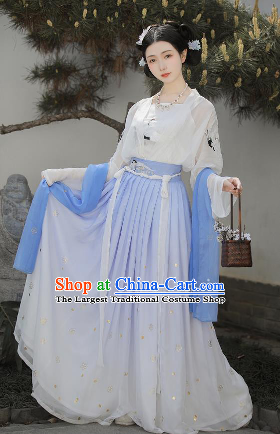 Chinese Tang Dynasty Palace Lady Costumes Traditional Ancient Imperial Consort Garment Hanfu Embroidered Blue Cape Blouse and Skirt Full Set