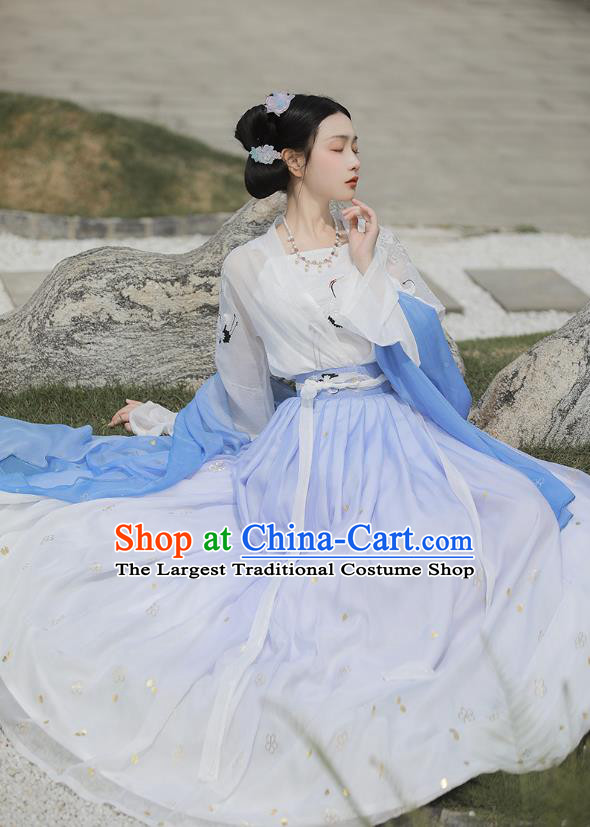 Chinese Tang Dynasty Palace Lady Costumes Traditional Ancient Imperial Consort Garment Hanfu Embroidered Blue Cape Blouse and Skirt Full Set