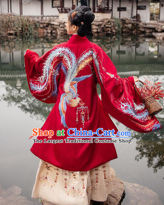 Chinese Ming Dynasty Royal Empress Embroidered Red Costumes Traditional Ancient Court Woman Garment Hanfu Cloak Blouse and Skirt Full Set