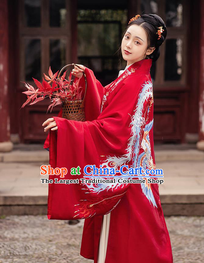Chinese Ming Dynasty Royal Empress Embroidered Red Costumes Traditional Ancient Court Woman Garment Hanfu Cloak Blouse and Skirt Full Set