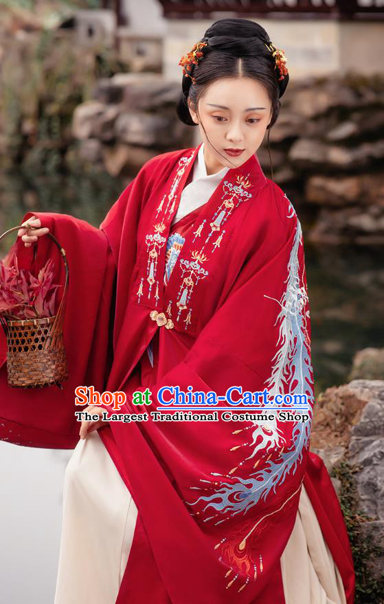 Chinese Ming Dynasty Royal Empress Embroidered Red Costumes Traditional Ancient Court Woman Garment Hanfu Cloak Blouse and Skirt Full Set