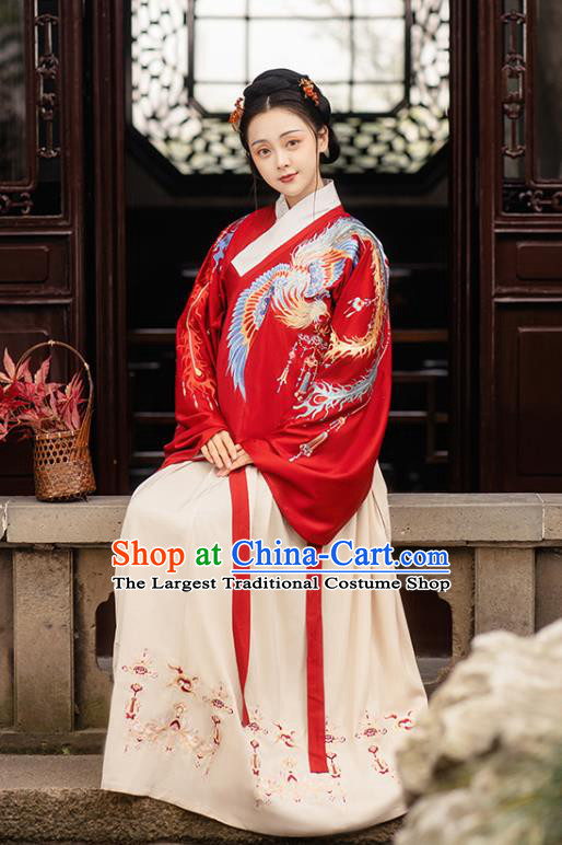 Chinese Ming Dynasty Royal Empress Embroidered Red Costumes Traditional Ancient Court Woman Garment Hanfu Cloak Blouse and Skirt Full Set