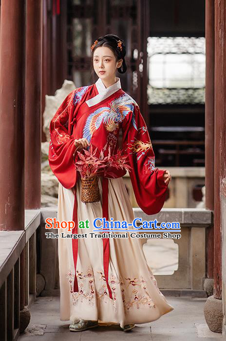 Chinese Ming Dynasty Royal Empress Embroidered Red Costumes Traditional Ancient Court Woman Garment Hanfu Cloak Blouse and Skirt Full Set