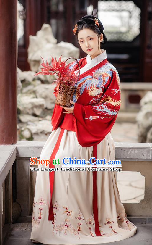 Chinese Ming Dynasty Royal Empress Embroidered Red Costumes Traditional Ancient Court Woman Garment Hanfu Cloak Blouse and Skirt Full Set