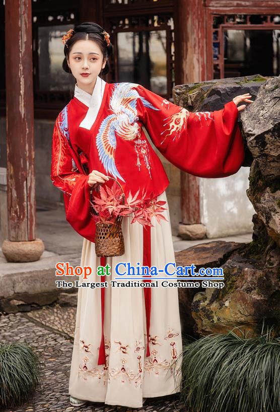 Chinese Ming Dynasty Royal Empress Embroidered Red Costumes Traditional Ancient Court Woman Garment Hanfu Cloak Blouse and Skirt Full Set